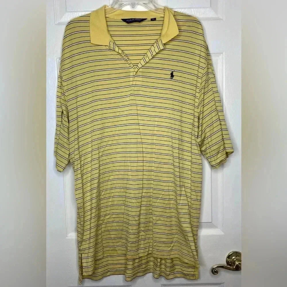 Men POLO GOLF RALPH LAUREN yellow Blue Striped S/s Polo Shirt Top Sz XL EUC Logo